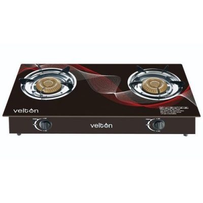 VELTON Two Burner Glass Top Gas Cooker – Black
